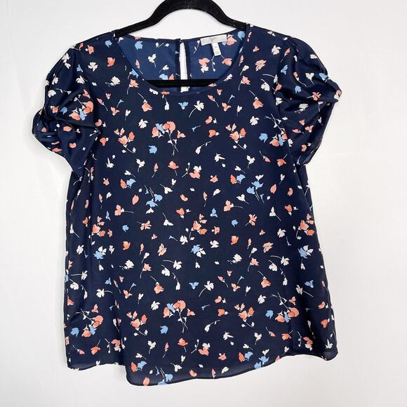 Joie XSmall XS Navy Blue Floral Gathered Sleeve Blouse Top Keyhole Back Scoop - Picture 1 of 9